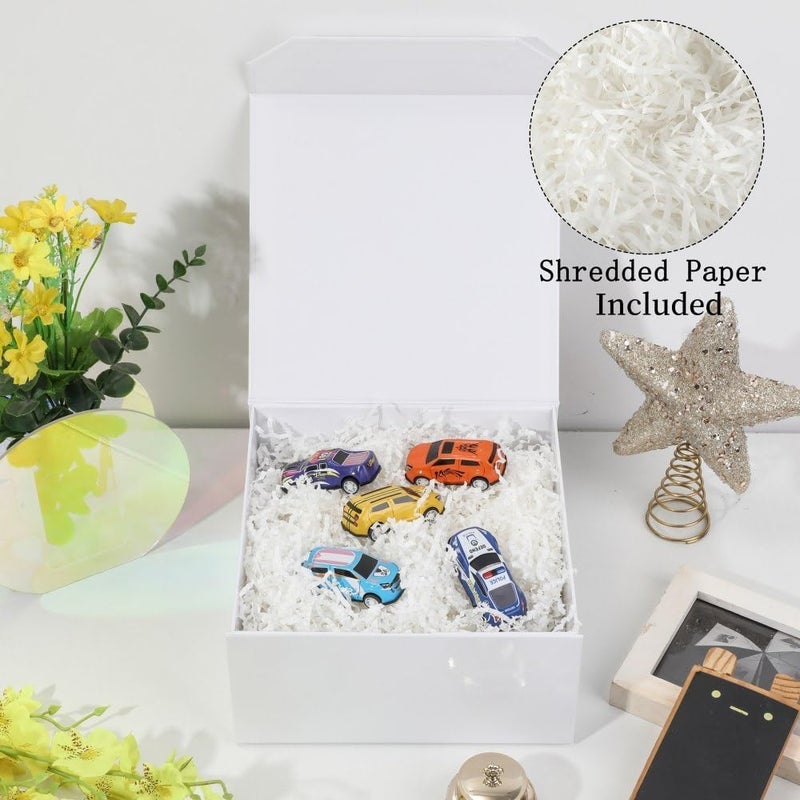 PACKGILO 6 Pcs Small White Gift Box 8x8x4 Inch Magnetic Gift Box with Crinkle Paper Luxury Gift Boxes for Presents - Image 2